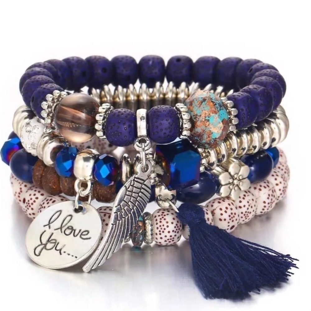 Blue Beaded Multi-Layer Bracelet With Tassel I Love You Charm - Picture 1 of 12